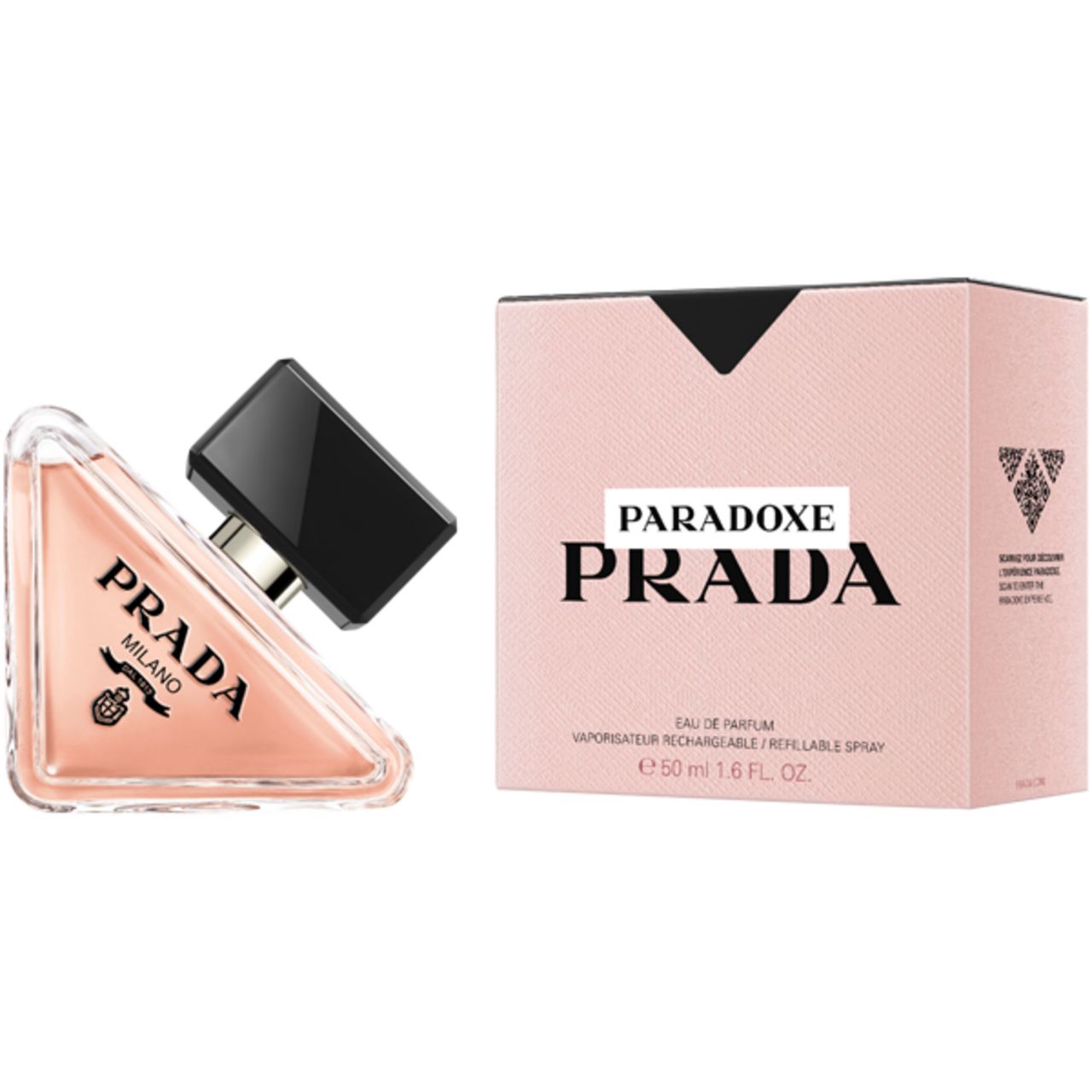 Flacone e confezione Prada Paradoxe Eau de Parfum, leggermente sfalsati.