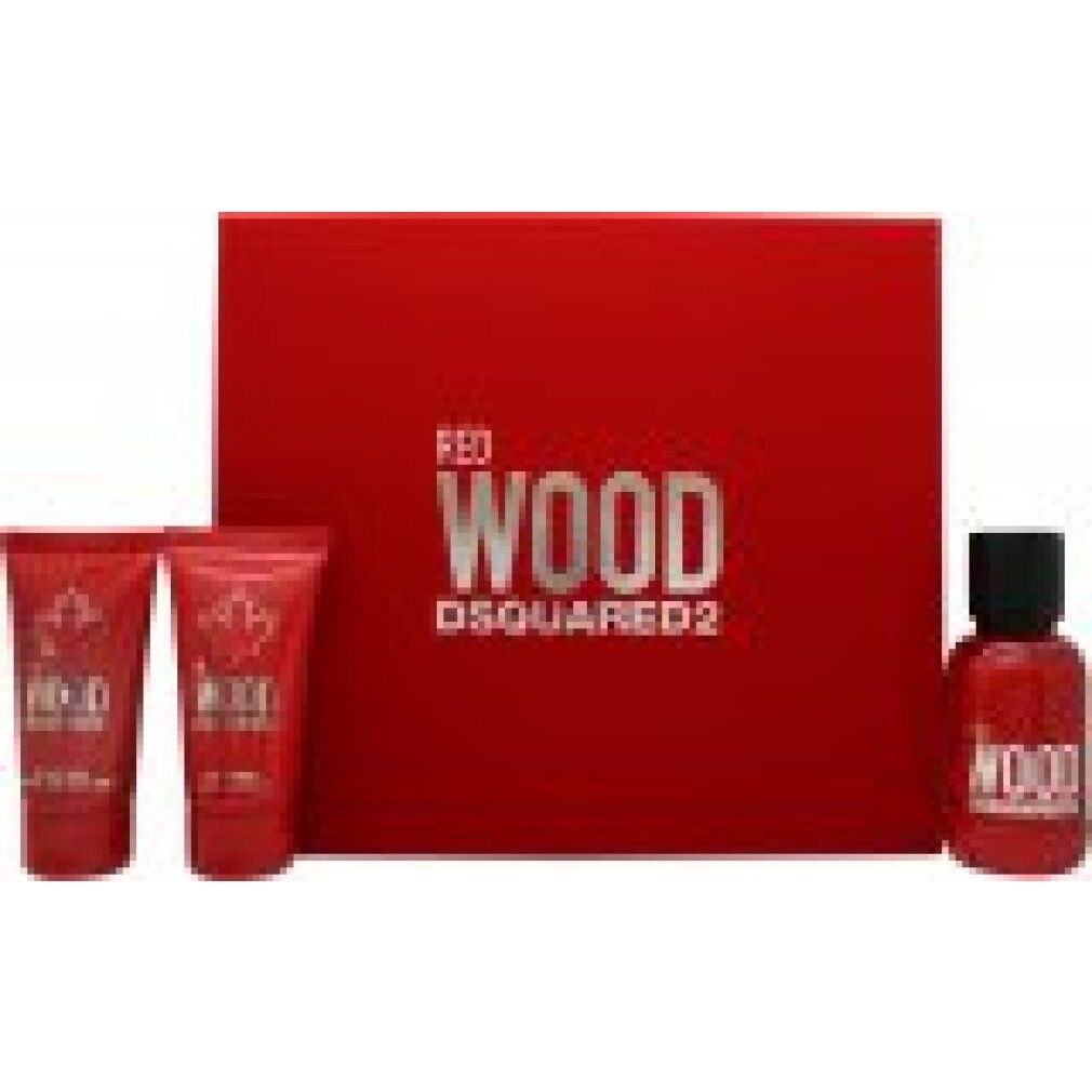 Cofanetto regalo rosso. Scatola con scritta "RED WOOD DSQUARED2". Due tubetti e una bottiglia rossi.