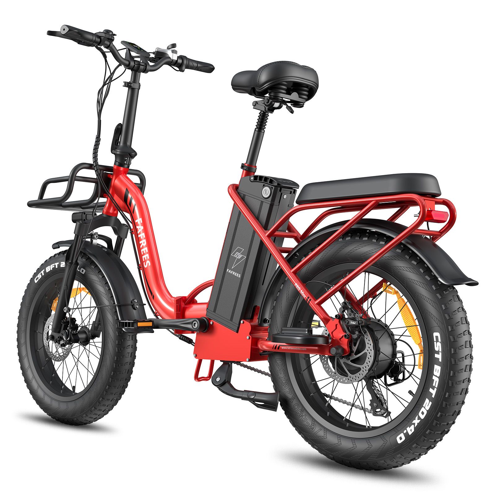 E-bike pieghevole rossa con cestino, pneumatici e sella neri. Logo FAFREES visibile. Con batteria e display LCD.