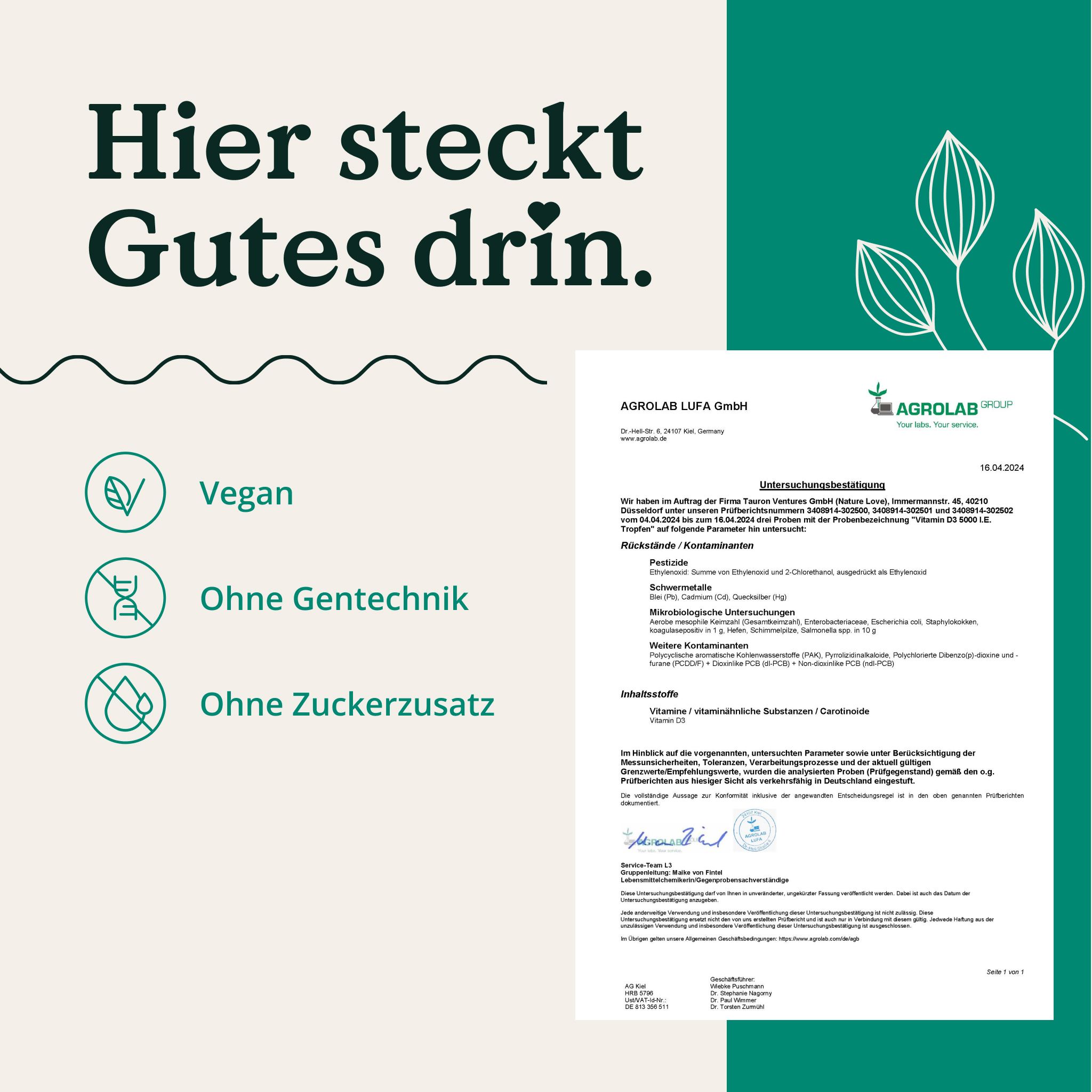 Documenti di certificazione. Vegano, senza OGM, senza zuccheri aggiunti. Agrolab LUFA GmbH.