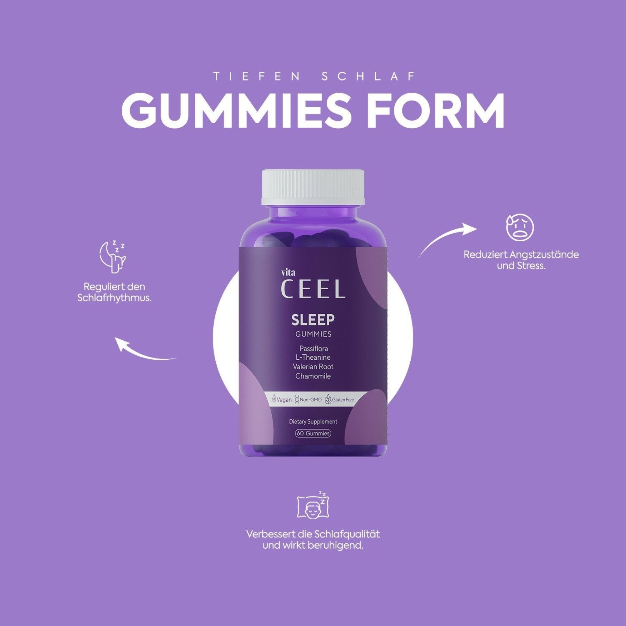 Flacone di Vita Ceel Sleep Gummies con icone per la regolazione del sonno e la riduzione dello stress.