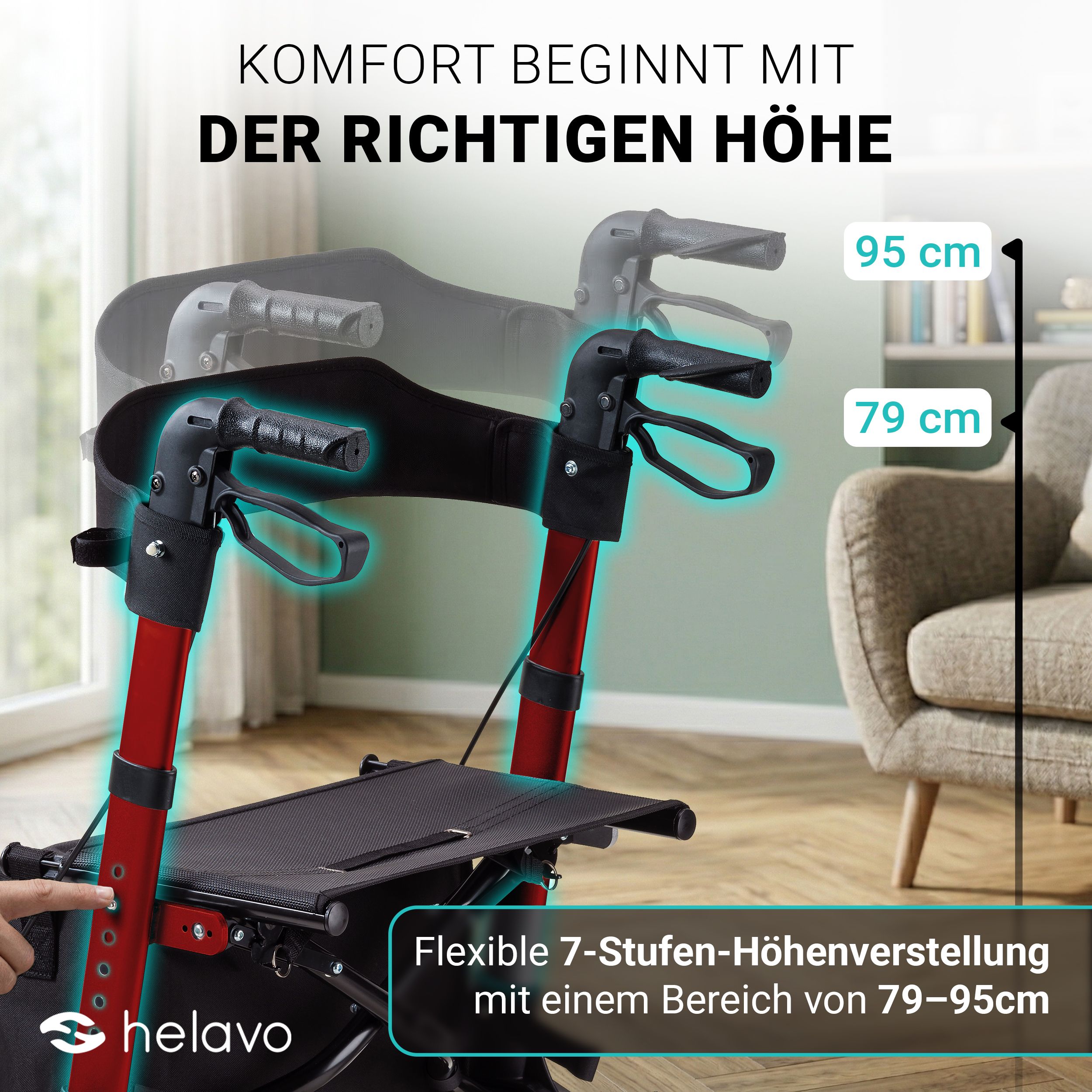 Rollator Helavo con altezza regolabile da 79-95cm. 7 livelli.