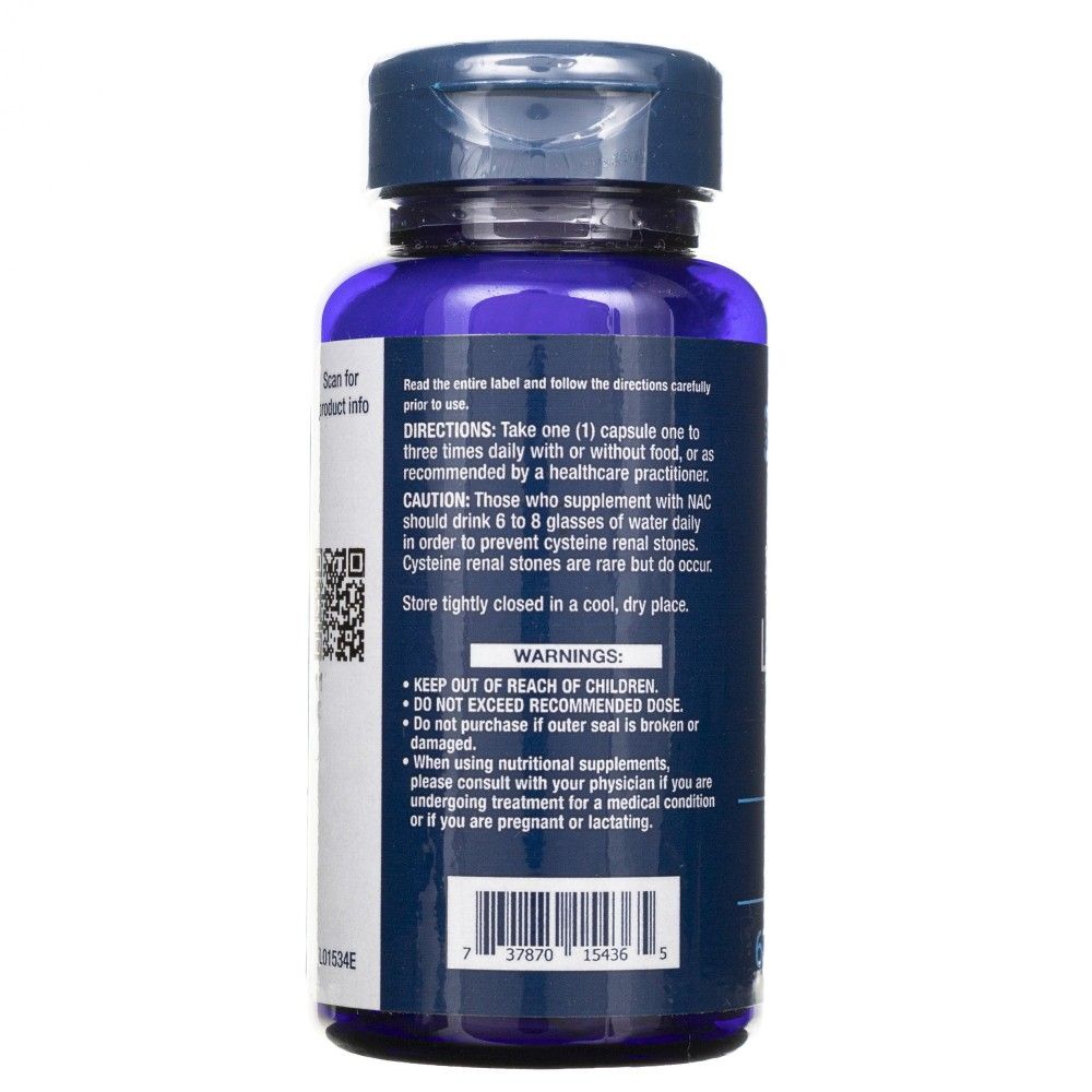 Retro del contenitore Life Extension N-Acetil-L-Cisteina (NAC) 600 mg con istruzioni e avvertenze.
