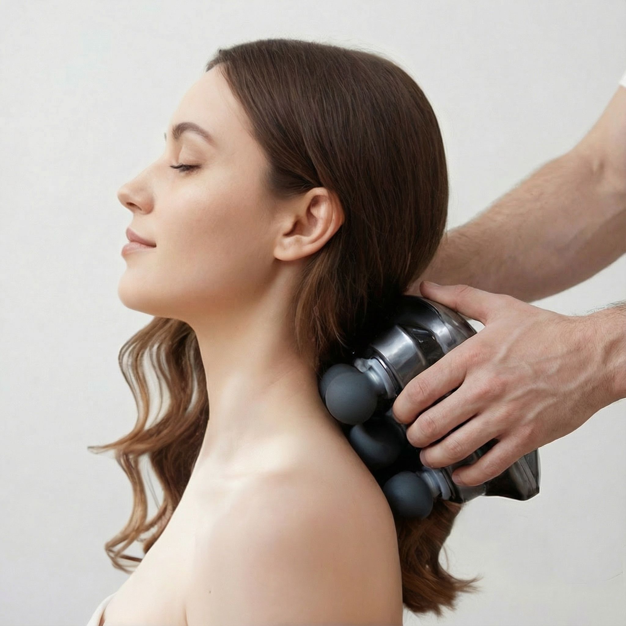 Persona che massaggia il collo di una donna con un massaggiatore. Apparecchio grigio, con sfere. Donna con occhi chiusi.