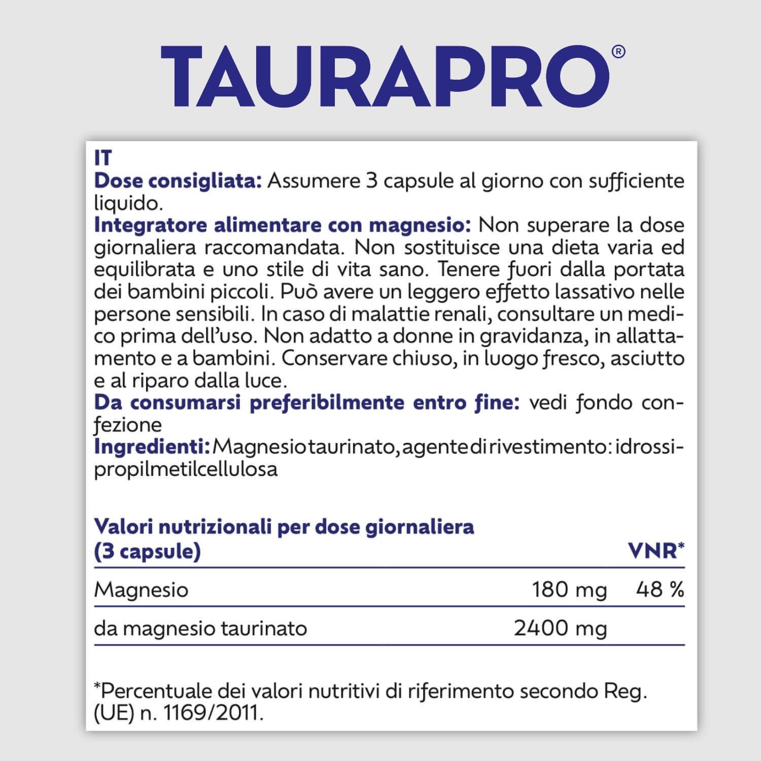 Tabella di testo con ingredienti e valori nutrizionali di TAURAPRO.