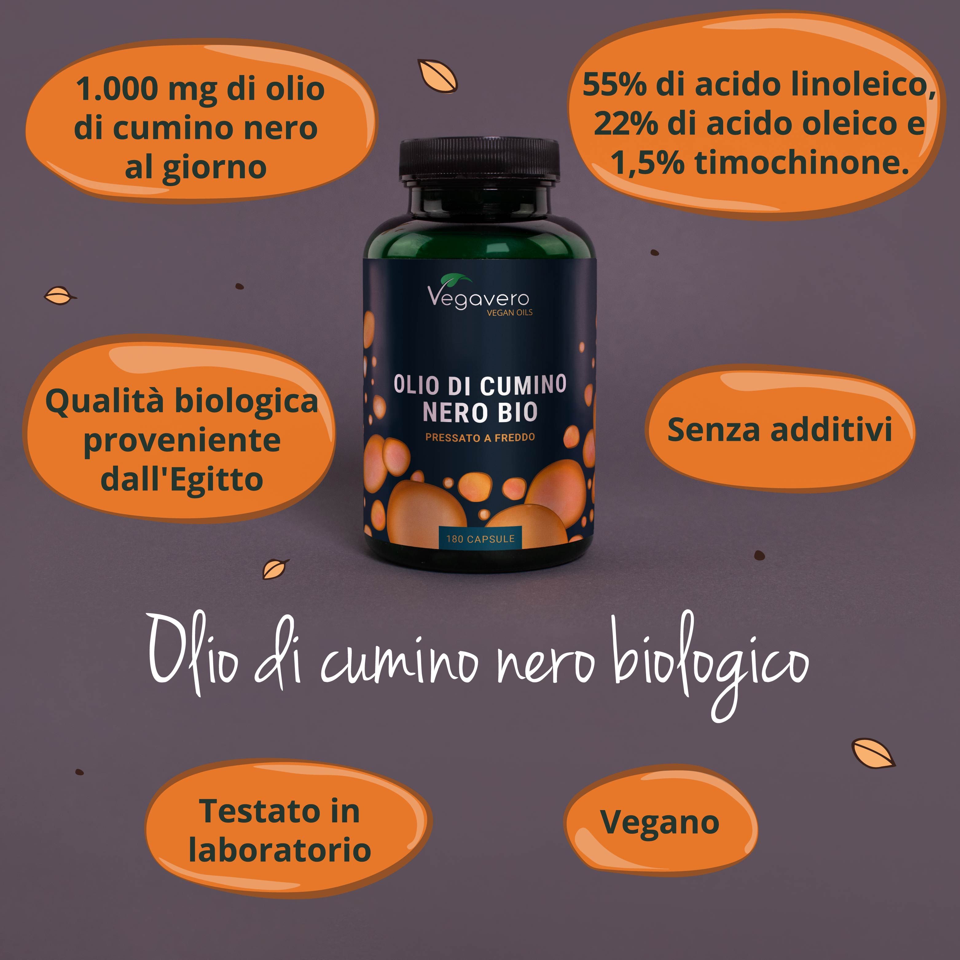 Infografica con VEGAVERO Schwarzkümmel BIO Öl. Informazioni su ingredienti, qualità, produzione e Vegan.