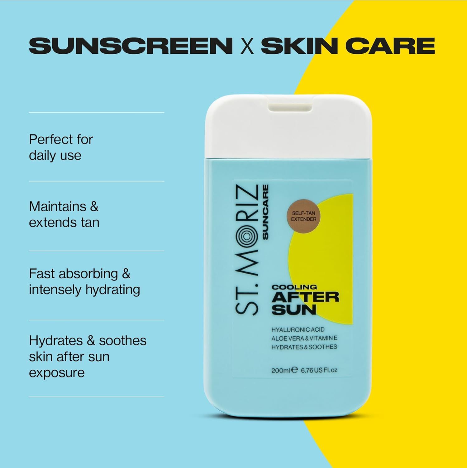Gel doposole ST. MORIZ blu e bianco. Testo: Cooling After Sun, acido ialuronico, aloe vera e vitamine. 200ml. Self Tan Extender. Testo: Sunscreen x Skin Care.