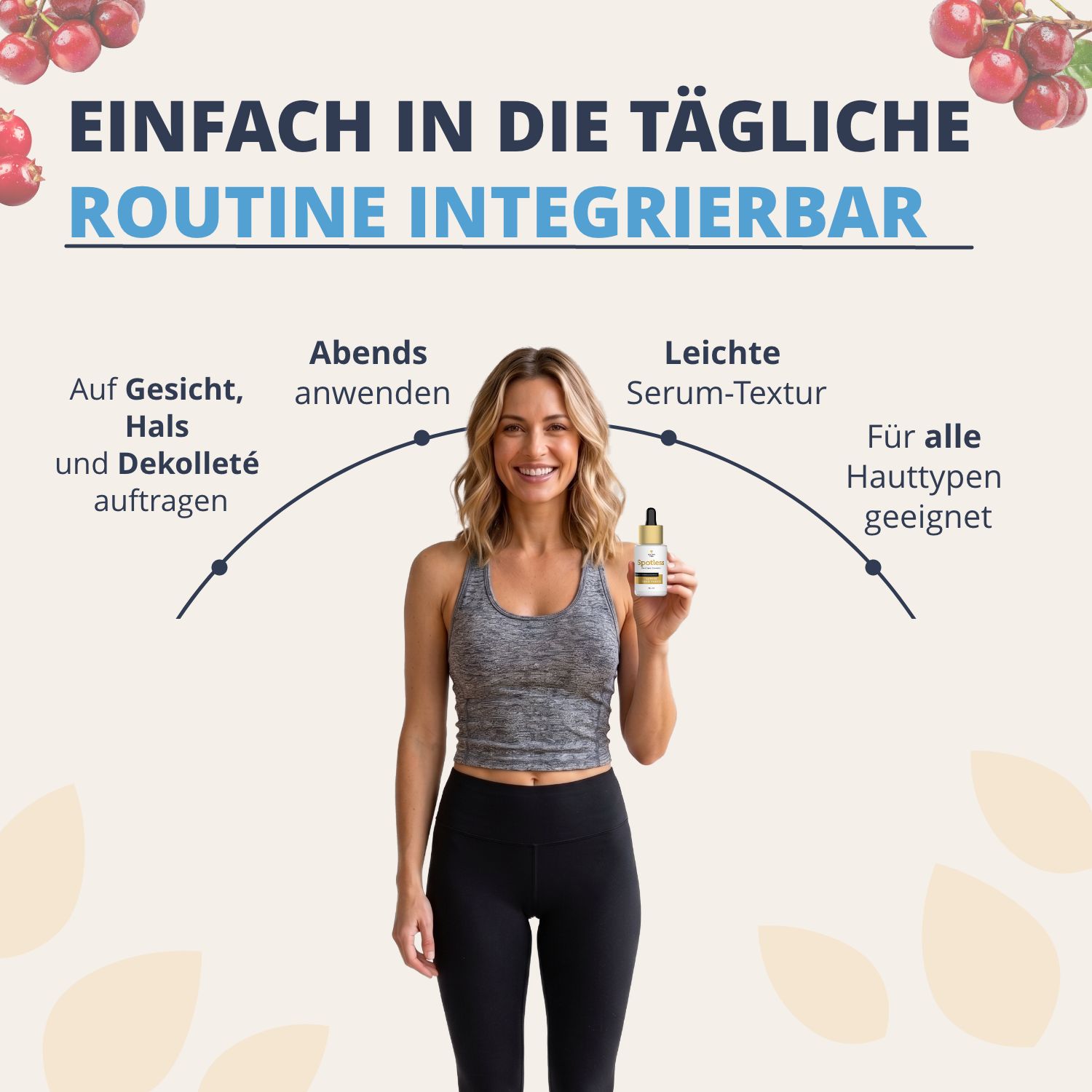 Donna con flacone di siero Golden Tree Spotless, integrato nella routine quotidiana.