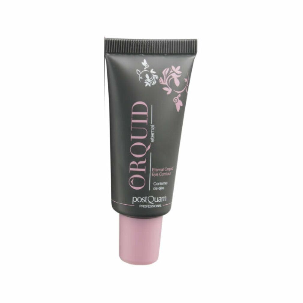 Tubo di crema contorno occhi. Nero con scritte e tappo rosa. Marchio: ORQUID eternal, Postquam.