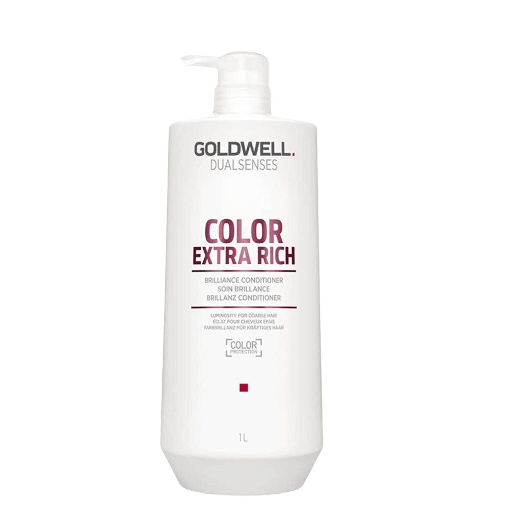Goldwell Dualsenses Color Extra Rich Conditioner. Flacone bianco con dosatore. Scritta rosa: COLOR EXTRA RICH. 1L.