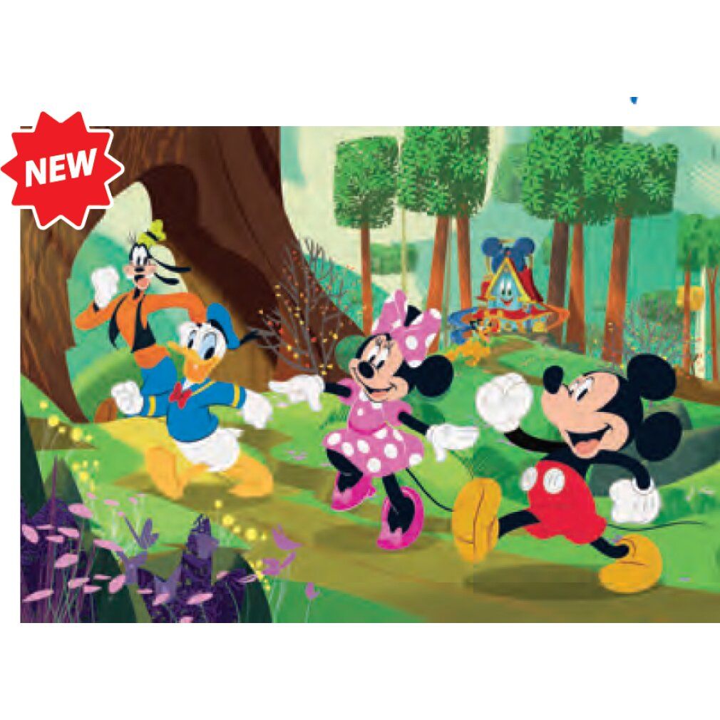Puzzle con Topolino e amici nel bosco. Personaggi: Topolino, Minnie, Paperino, Pippo. Con adesivo NEW.