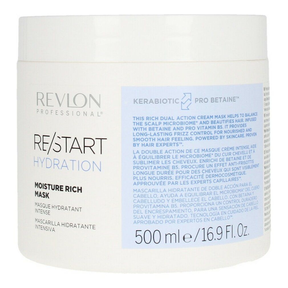 Vaso bianco Revlon Re-Start Hydration. Testo: Moisture Rich Mask, 500 ml/16.9 Fl.Oz.