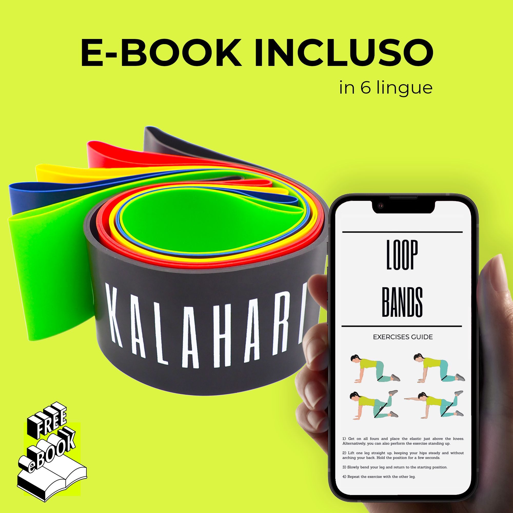 Fasce elastiche fitness KALAHARI e uno smartphone con e-book guida esercizi.
