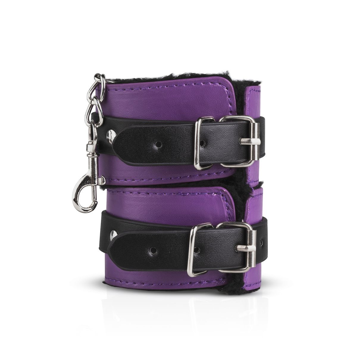 Manette. Pelle viola, cinturini neri con fibbie. Fodera in pelliccia. Catena con moschettone.