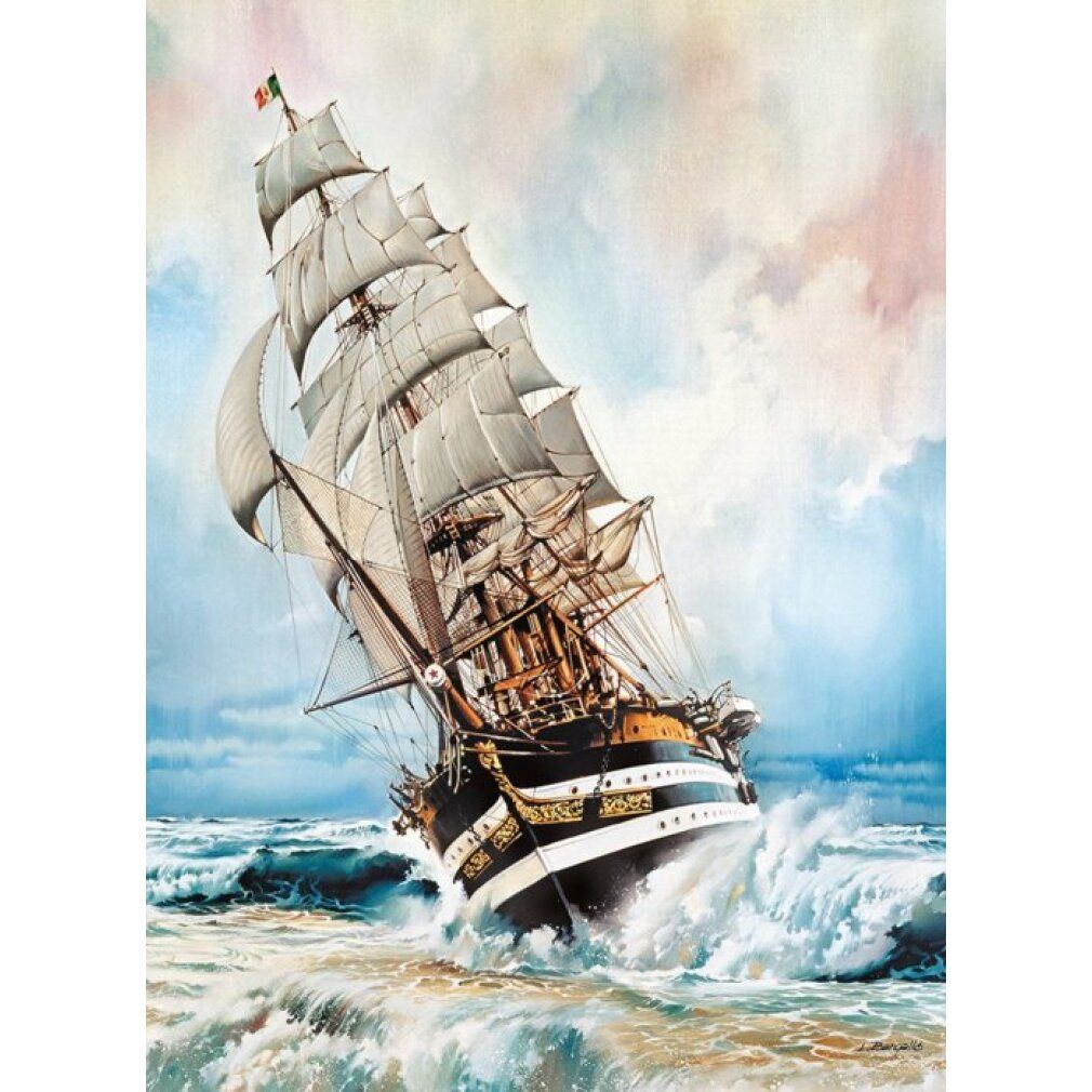 Motivo puzzle di nave a vela. La nave naviga in un mare in tempesta. Bandiera italiana sull'albero. Onde e cielo sullo sfondo.