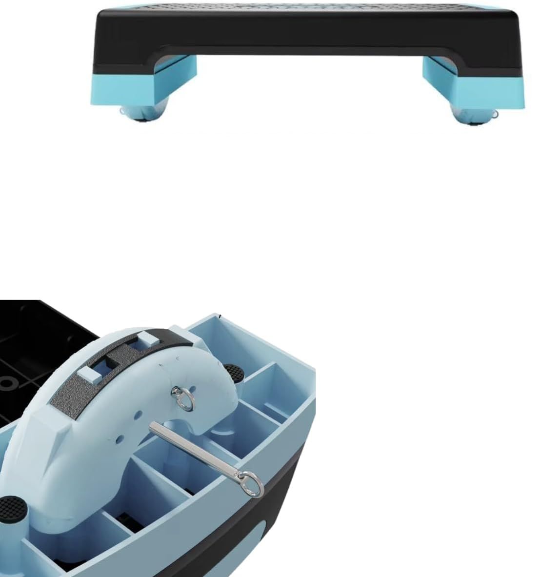 Stepper nero con piedi turchesi. Vista dettagliata dei piedi e del fondo dello stepper.