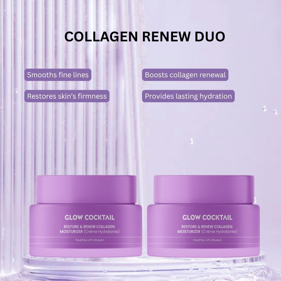 Due vasetti viola con coperchi. Scritta: Glow Cocktail, Restore & Renew Collagen Moisturizer. Testo: Collagen Renew Duo.