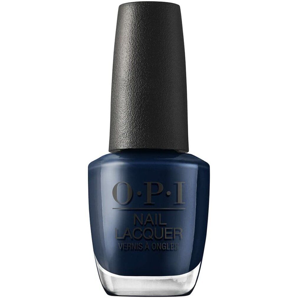 Smalto per unghie OPI scuro con tappo nero. Logo OPI e scritta 'Nail Lacquer' visibili.