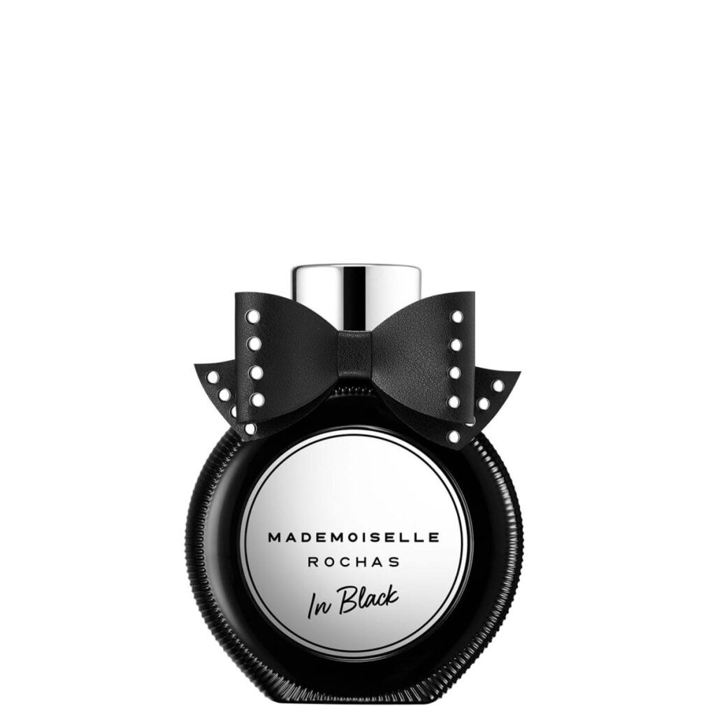 Flacone di profumo nero con fiocco. Scritta: Mademoiselle Rochas In Black.