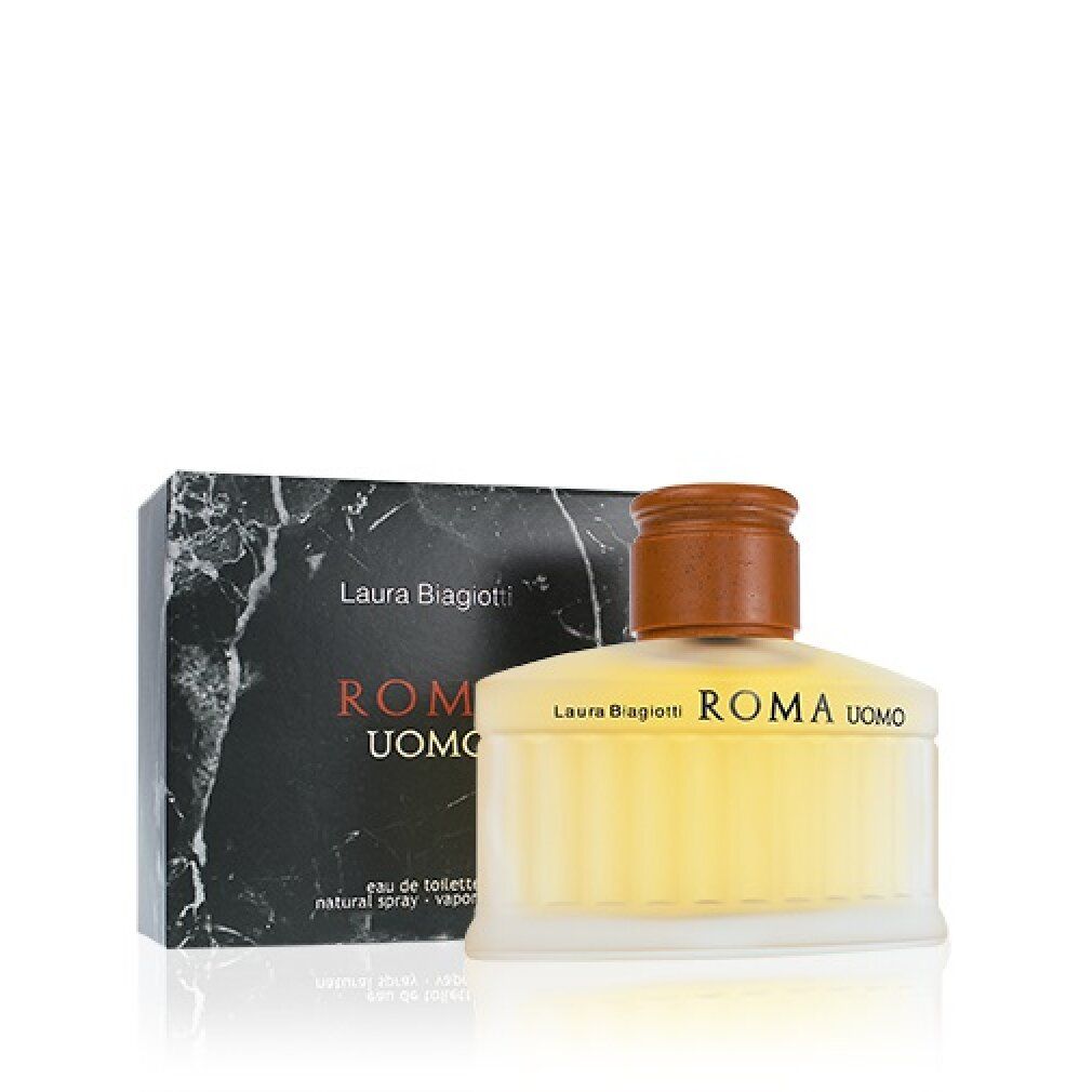 Flacone di profumo e scatola. Flacone con tappo marrone e liquido giallo. Scatola con scritta ROMA UOMO.