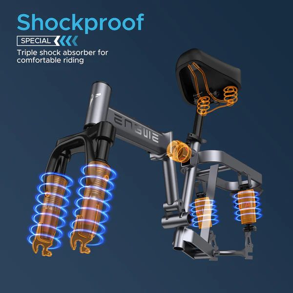 Schema del sistema di sospensione dell'e-bike. Triplo ammortizzatore per una guida confortevole. Molle arancioni.
