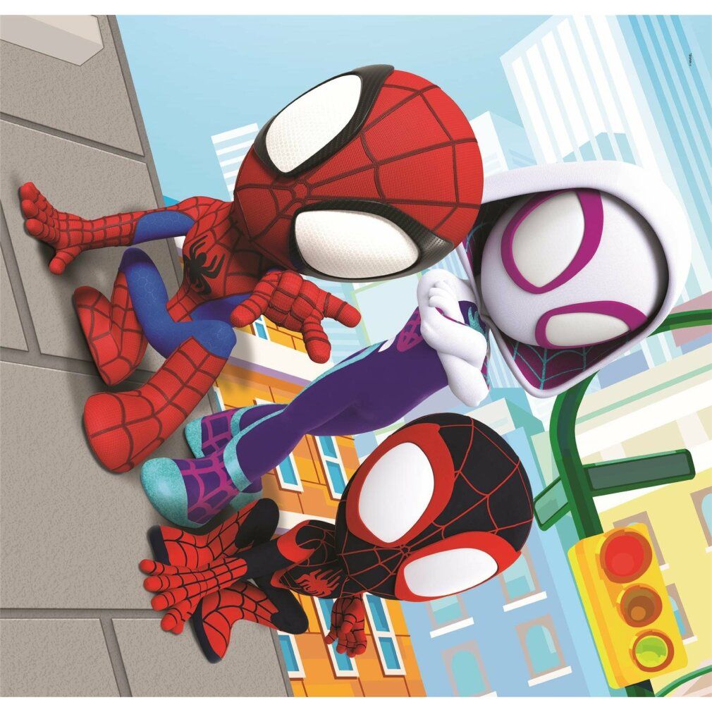 Puzzle con Spidey, Spider-Gwen e Miles Morales. I personaggi sono raffigurati in un ambiente urbano.