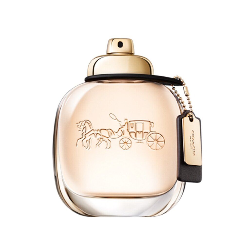 Flacone di Coach Eau de Parfum con tappo dorato e ciondolo, con logo Coach.
