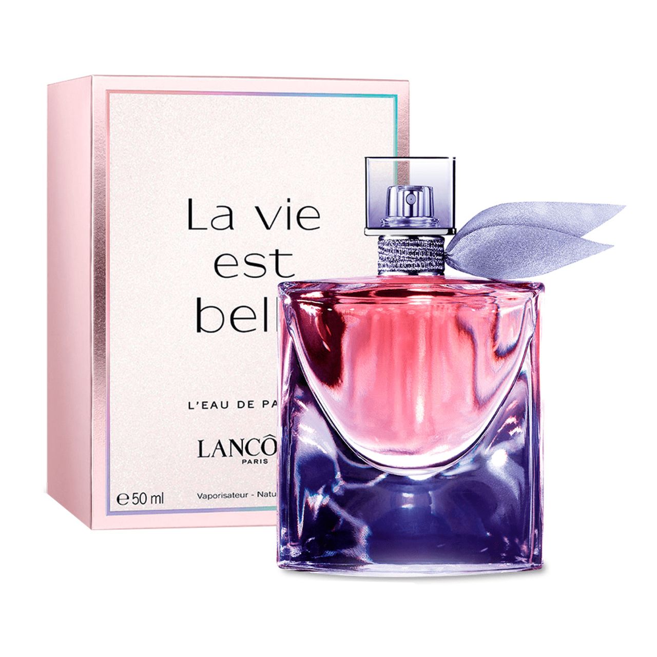 Flacone di profumo e confezione. Flacone rosa, quadrato. Confezione rosa con testo.