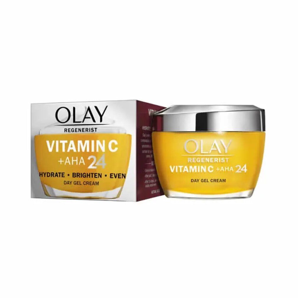 Olay Regenerist crema gel giorno Vitamina C + AHA 24. Crema gialla in vasetto, coperchio argento. Scatola con info.
