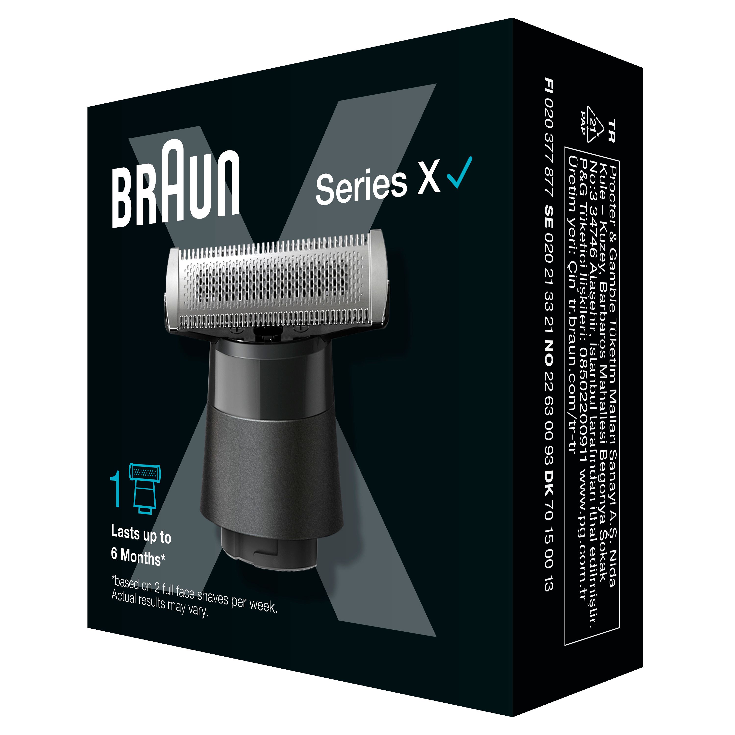 Testina di rasatura Braun Series X in confezione. Confezione nera. Testo: Braun, Series X, 1, 6 mesi. Info prodotto.
