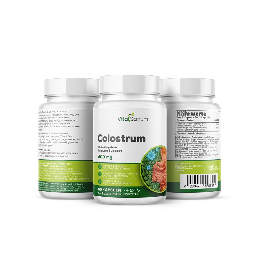 Tre contenitori VitaSanum Colostro, uno frontale con 60 capsule, 400 mg. Raffigura intestino e sistema immunitario.
