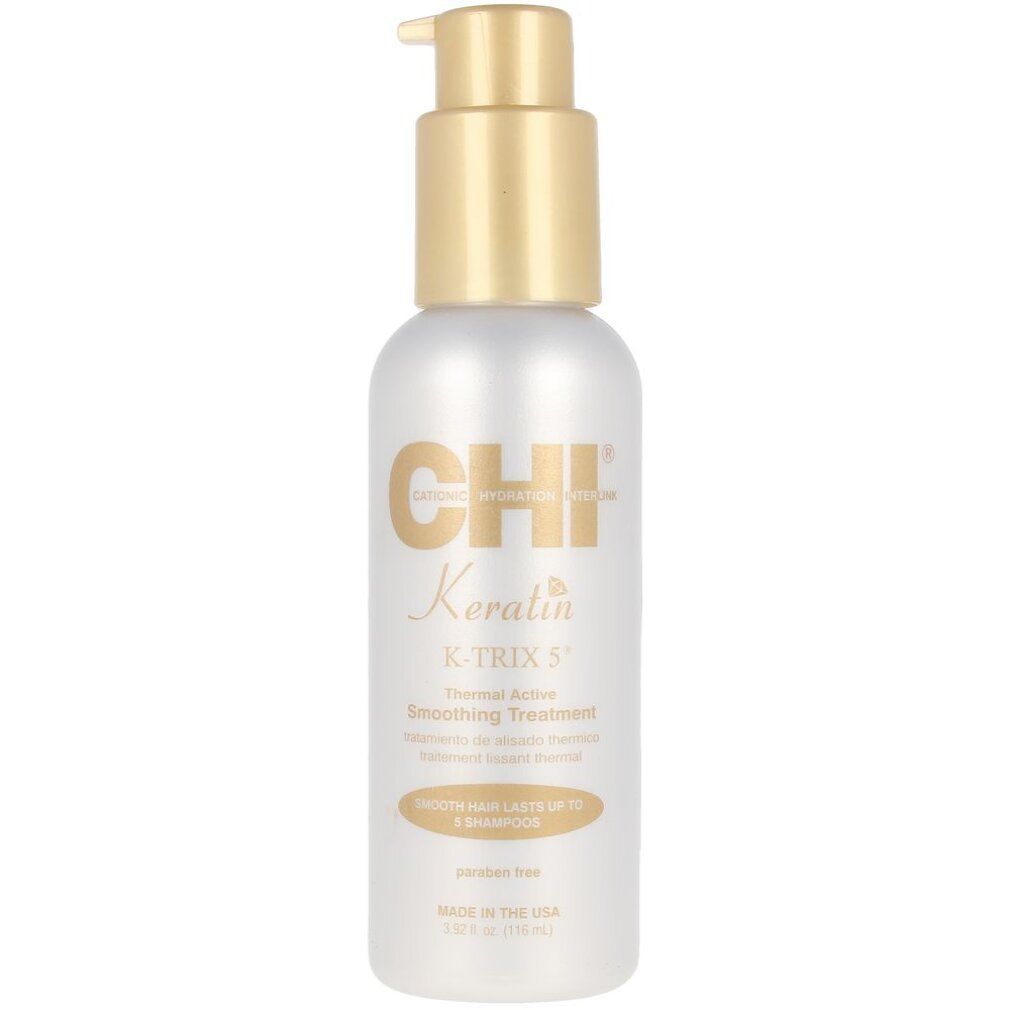 Flacone bianco con erogatore dorato. Scritta: CHI Keratin K-Trix 5 Thermal Active Smoothing Treatment. Made in the USA.