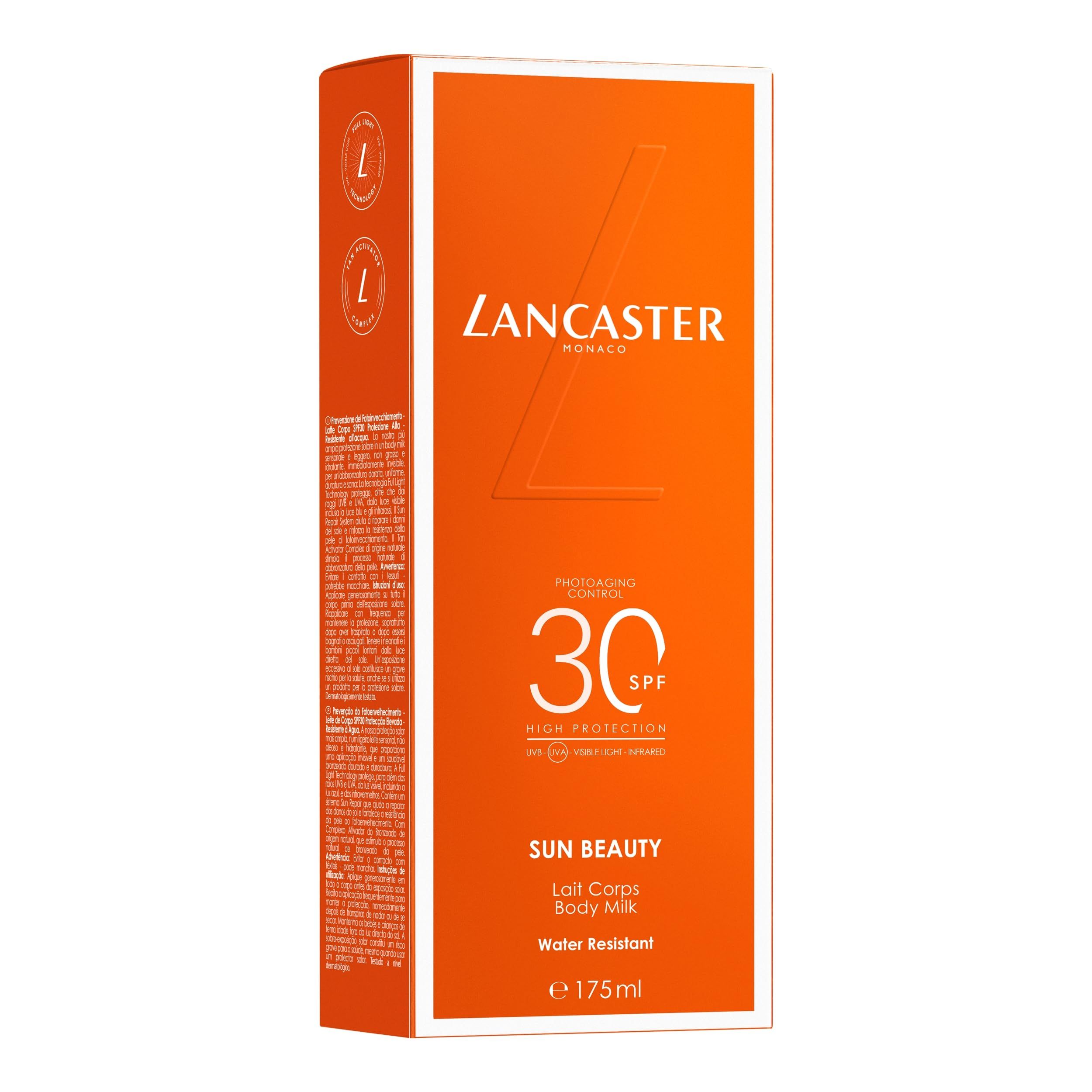 Confezione arancione con nome del prodotto e SPF 30. Testo: Lancaster, Sun Beauty, Body Milk, Water Resistant, e 175ml.