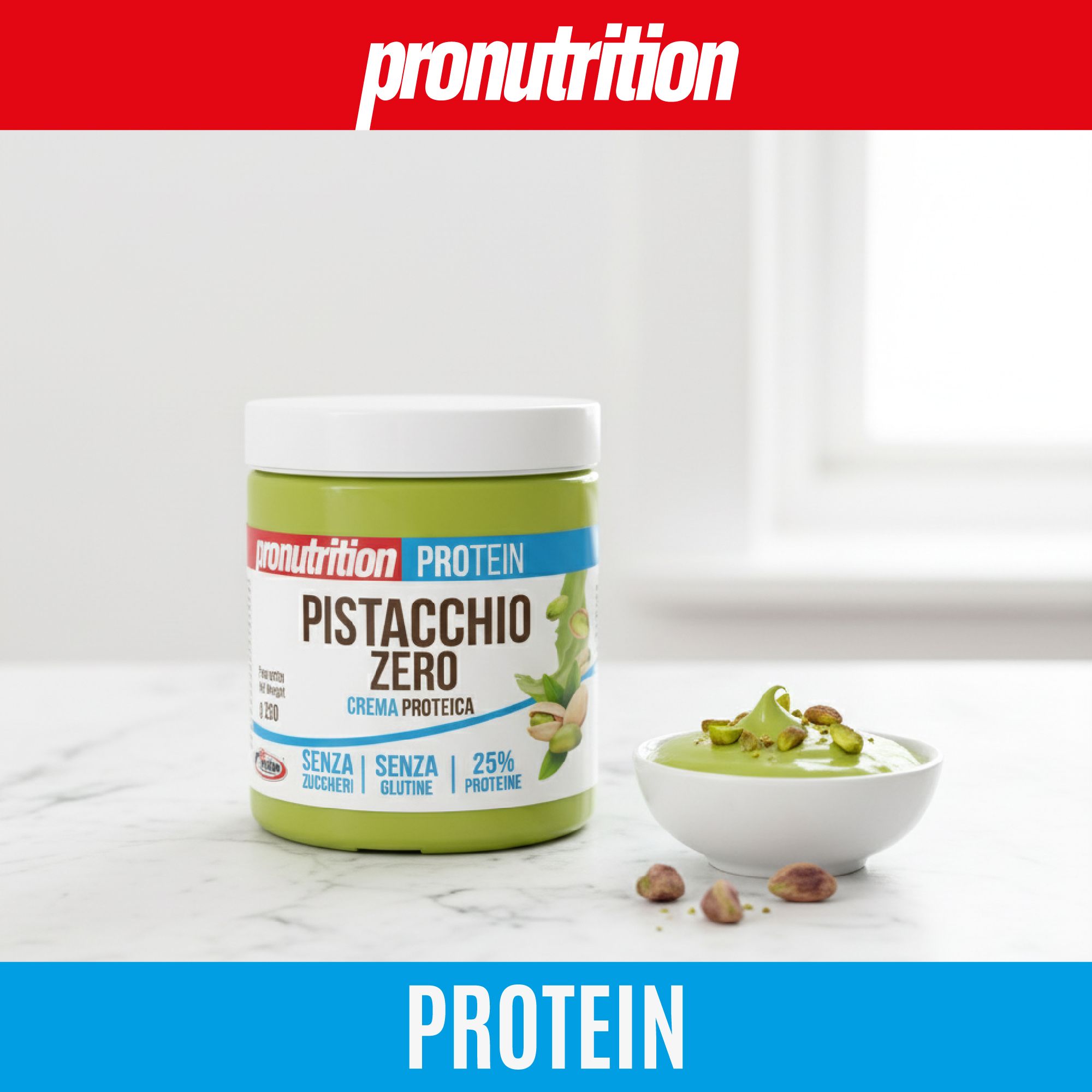 Vaso di crema Pistacchio Zero e ciotola di crema. Testo: Pronutrition, Protein, Pistacchio Zero, senza glutine. Pistacchi.