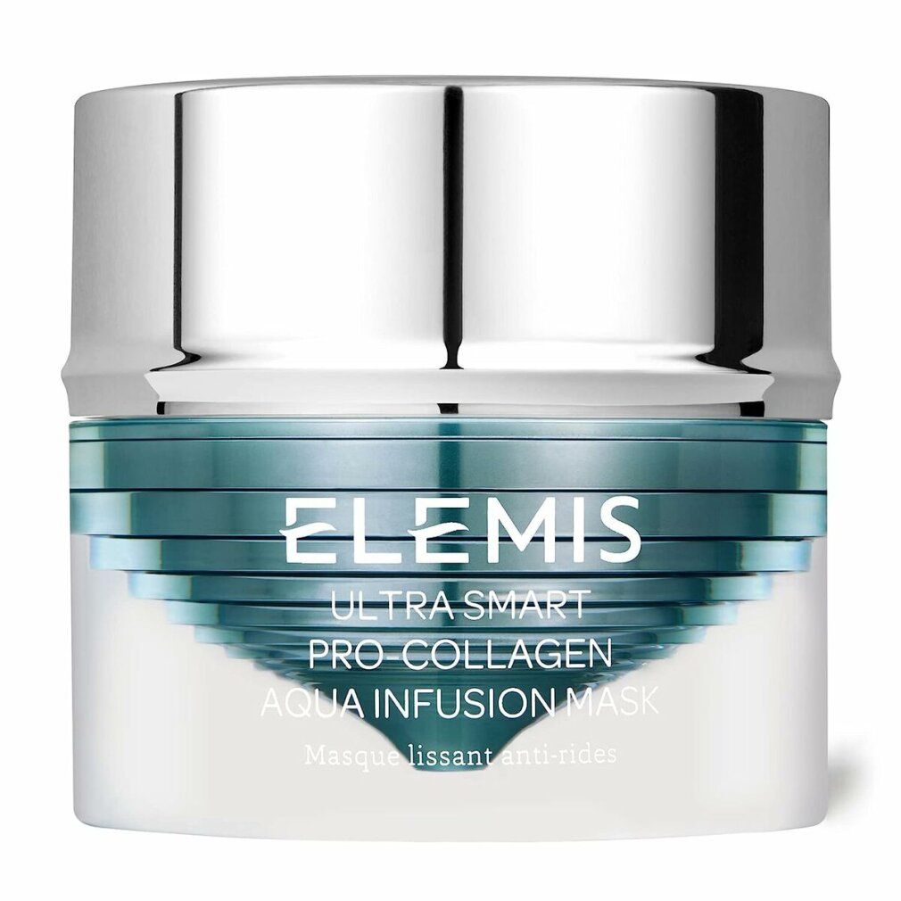 Vasetto con coperchio. Scritta: Elemis Ultra Smart Pro-Collagen Aqua Infusion Mask. Maschera levigante antirughe.