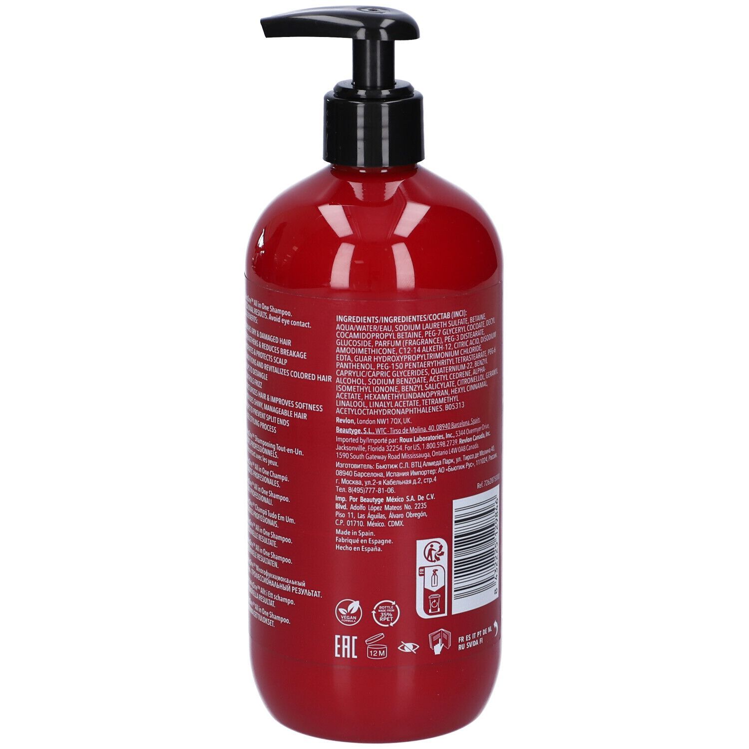 Flacone di shampoo rosso con erogatore nero. Retro con ingredienti e testo.