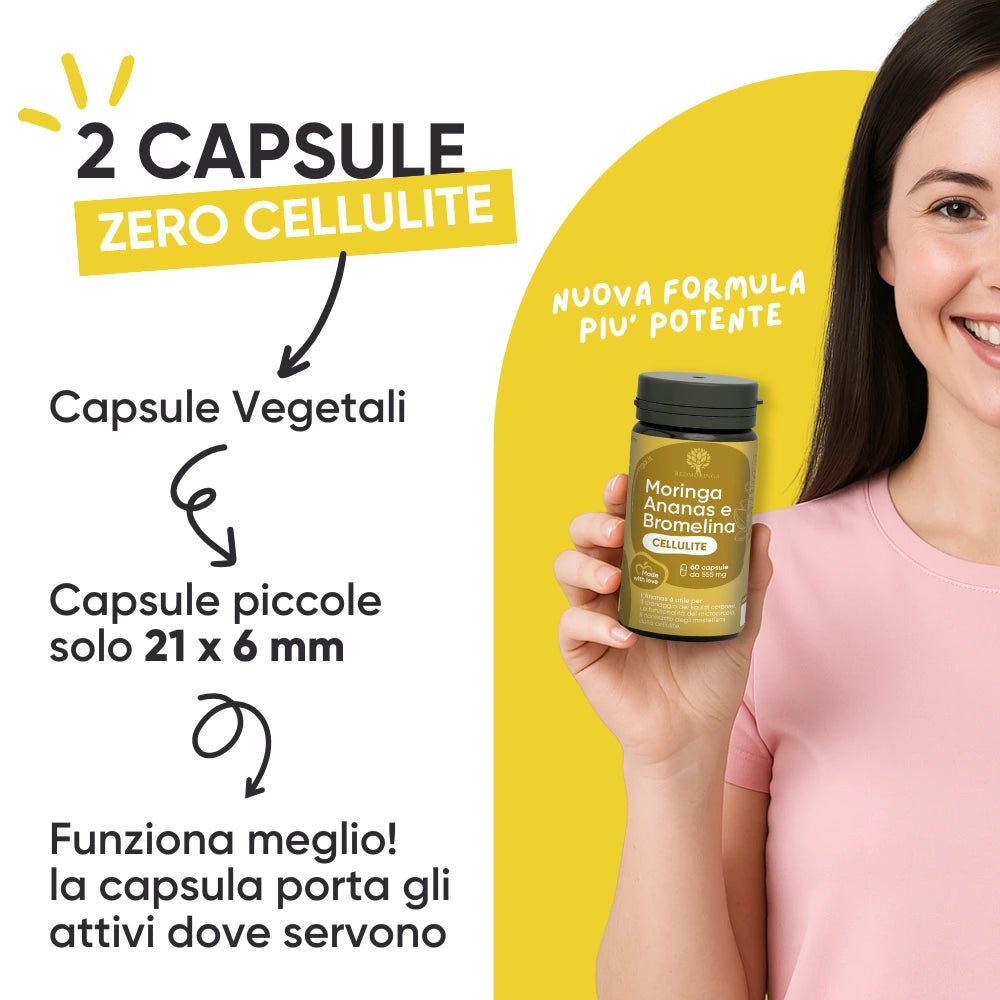 Donna tiene in mano flacone di capsule. Testo: 2 capsule, zero cellulite. Capsule piccole 21x6 mm. Nuova formula più potente.
