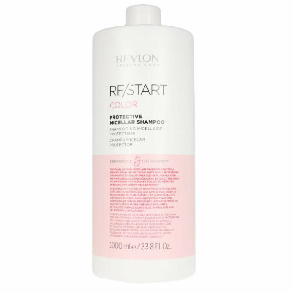 Flacone di shampoo bianco con etichetta rosa. Scritta: Revlon Re-Start Color Protective Micellar Shampoo. 1000ml/33.8 fl oz.