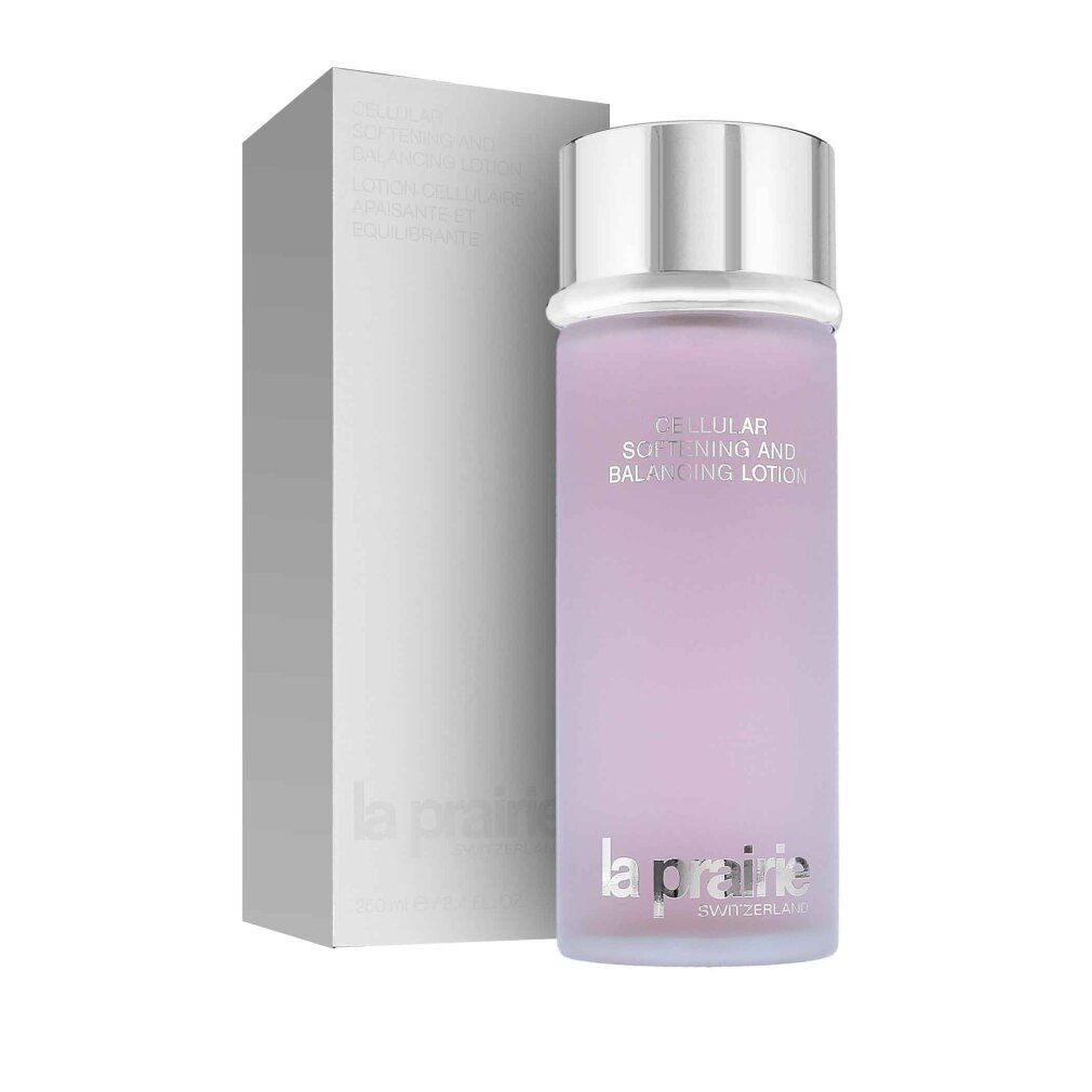 Flacone rosa con tappo argentato e confezione grigia. Scritta: CELLULAR SOFTENING AND BALANCING LOTION.