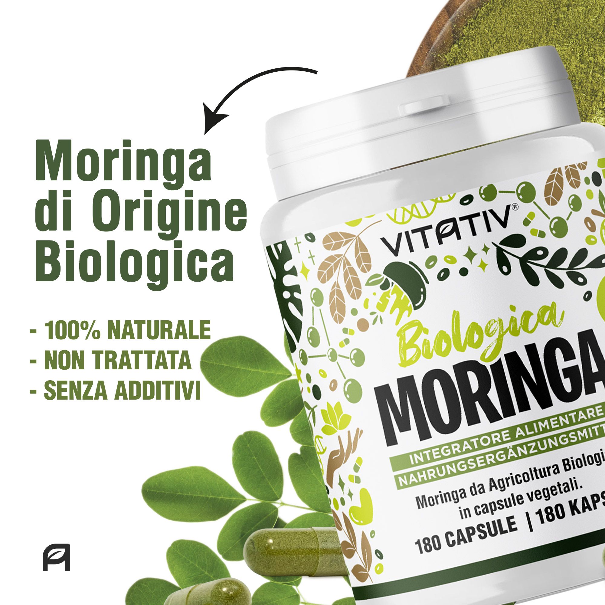 Barattolo bianco con capsule di Moringa. Etichetta: "Biologica MORINGA". Contiene 180 capsule.