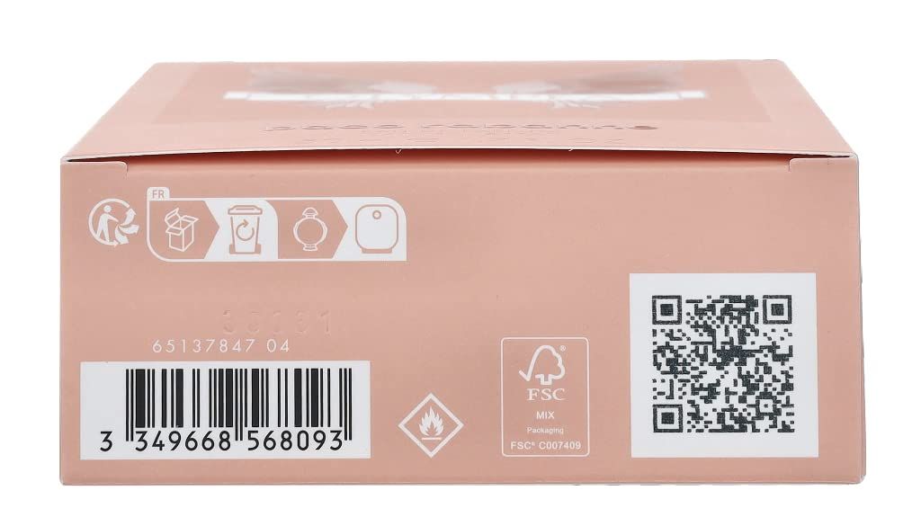 Retro della confezione. Rosa con informazioni, codice a barre, logo FSC e codice QR.