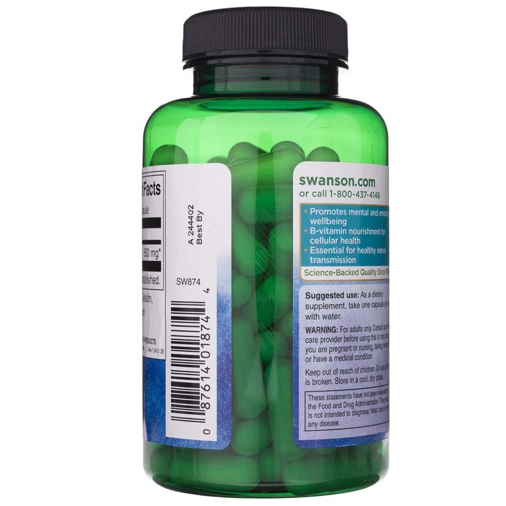 Flacone verde con capsule verdi ed etichette bianche. Include Swanson.com e codice a barre.