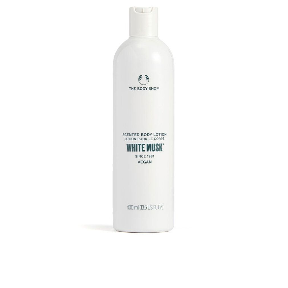 Flacone bianco con logo THE BODY SHOP e testo: Scented Body Lotion White Musk. Vegan. 400 ml.