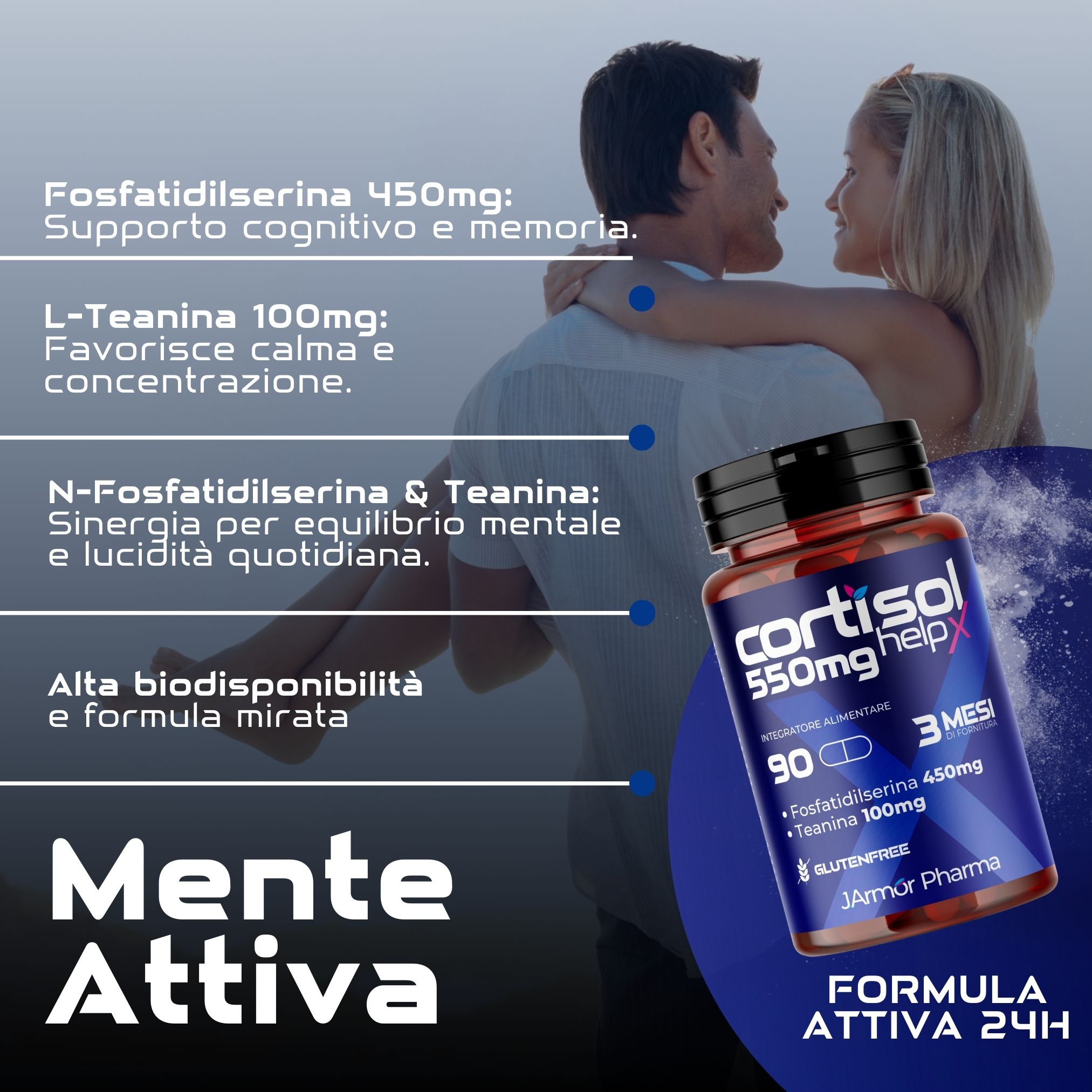 Coppia. Flacone di capsule: Cortisol helpX, 550mg, 90 capsule, 3 mesi. Contiene fosfatidilserina e L-teanina. Testo: Mente attiva. Marchio: JArmor Pharma.