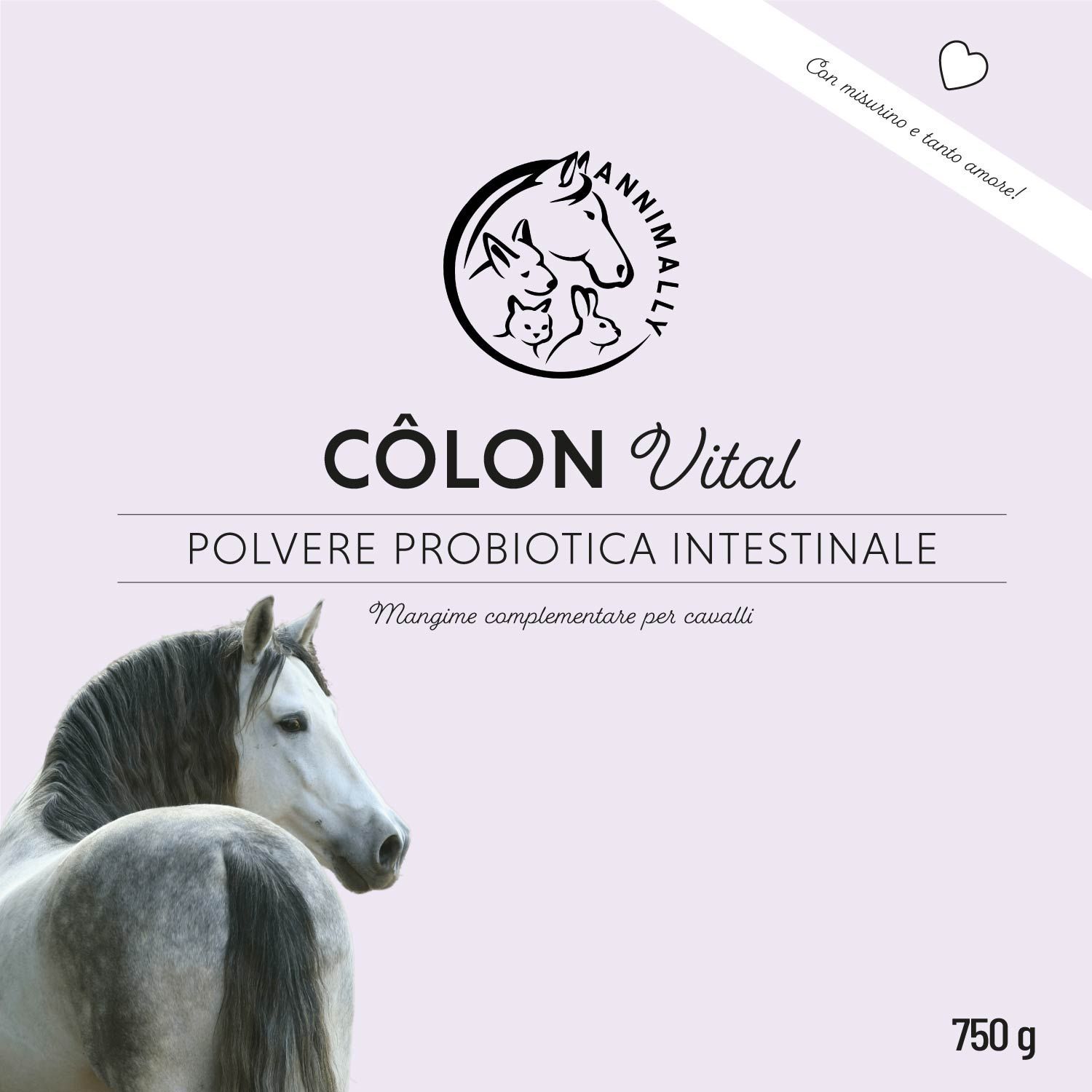 Etichetta del prodotto con logo e scritta: CÔLON Vital, polvere, 750 g. Illustrazione di cavallo.