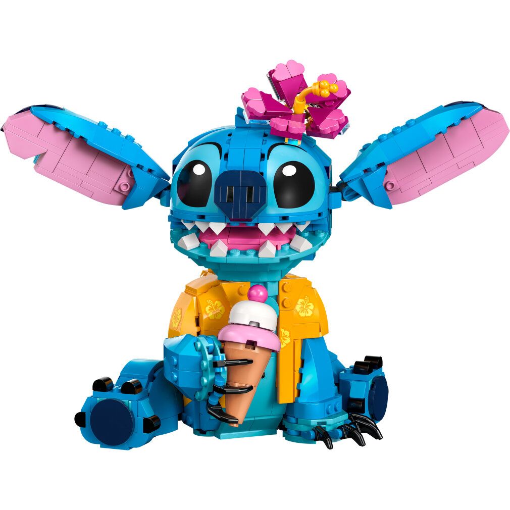 LEGO Stitch blu con orecchie rosa e fiore. Tiene un gelato.