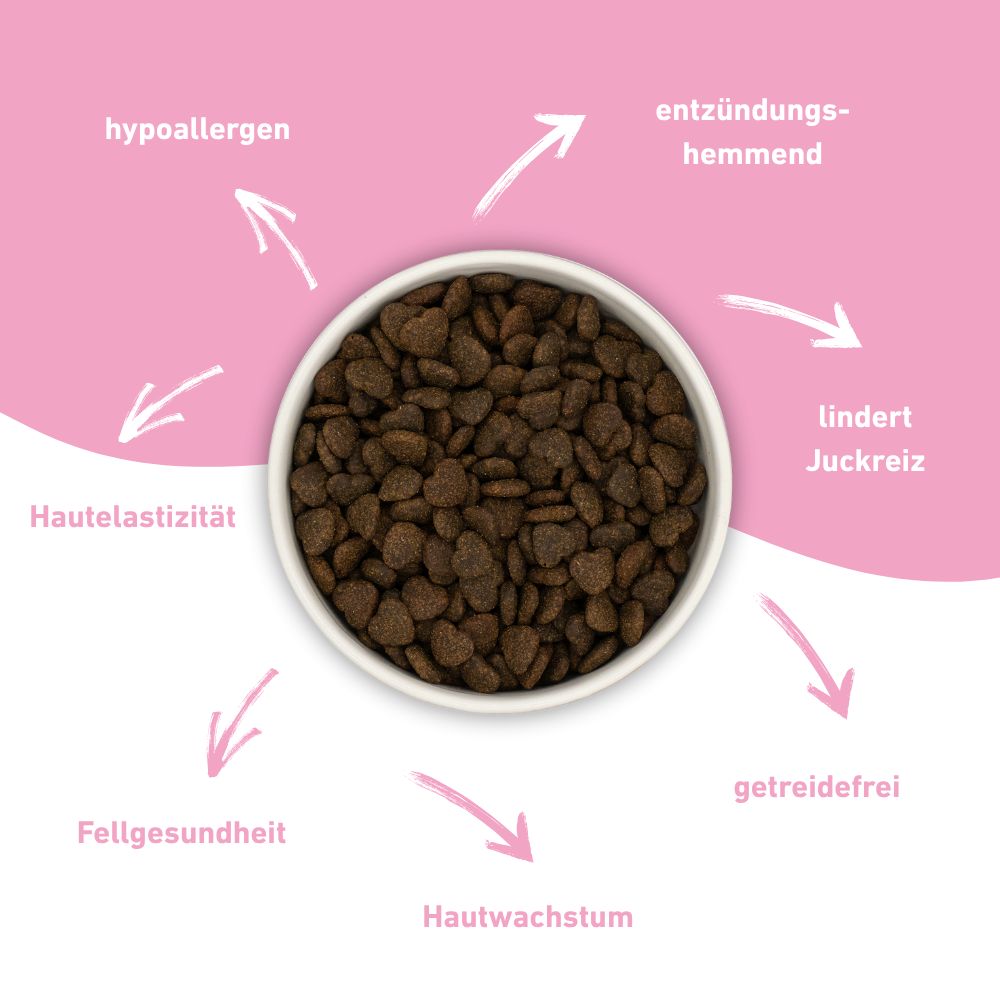 Cibo per cani in una ciotola. Le frecce puntano al testo: ipoallergenico, antinfiammatorio, allevia il prurito, senza cereali, crescita della pelle, salute del pelo.