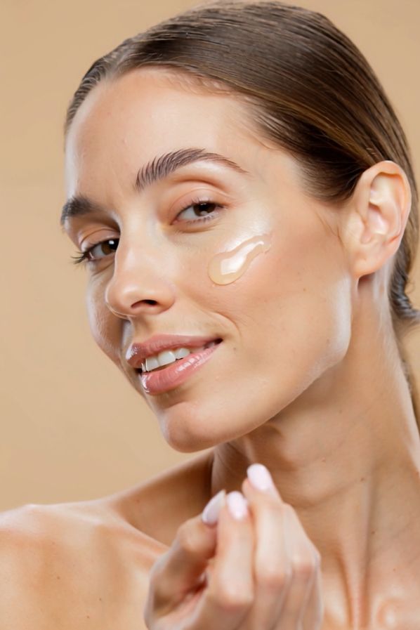 Ritratto di una donna con liquido applicato sulla guancia. Sorride.