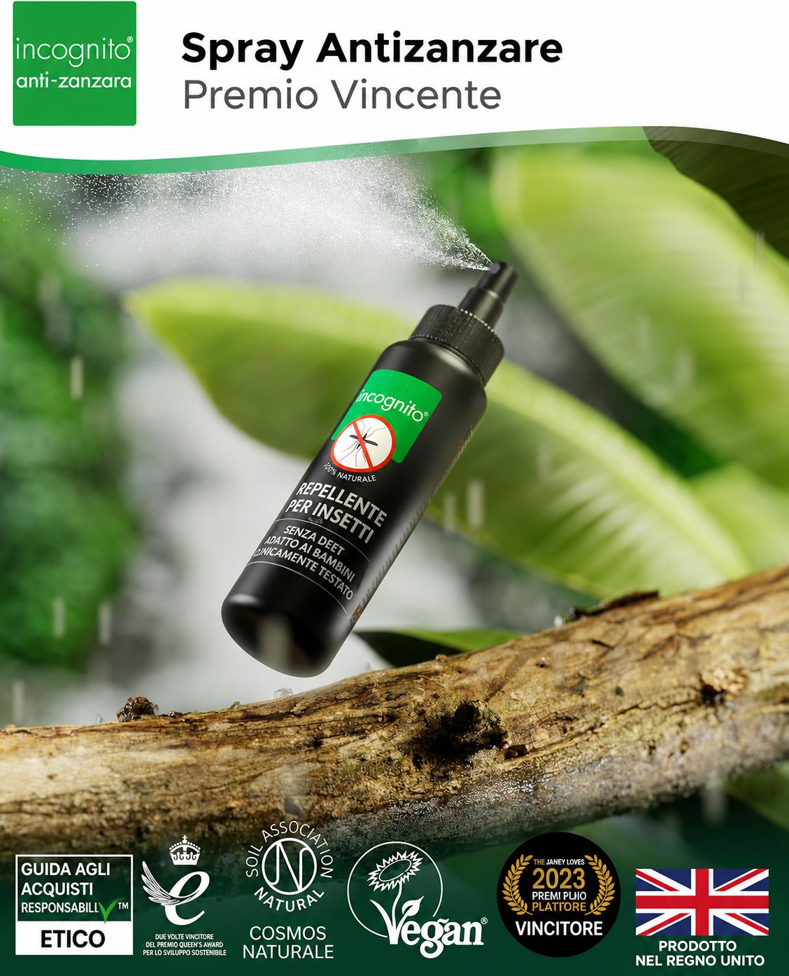 Flacone spray nero con etichetta verde. Testo: Antizanzare, Repellente per insetti. Certificazioni: Vegan, Cosmos Natural, Made in UK.