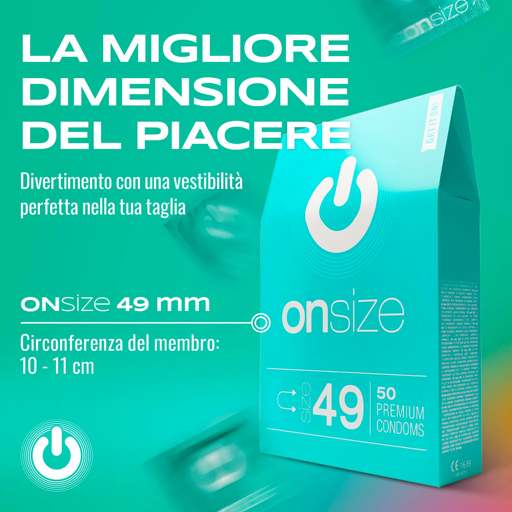 Confezione di preservativi ONsize 49mm, 50 pezzi, con indicazione della taglia.